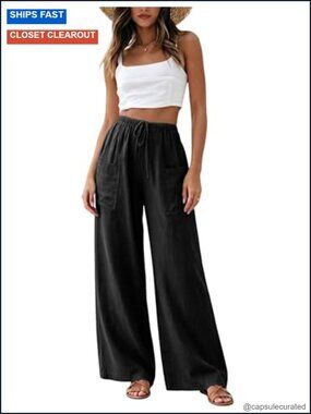 Cotton Linen Wide Leg Palazzo Pants Drawstring Casual Loose Summer Beach